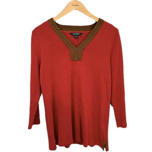 Ralph Lauren Red long sleeve cotton Shirt w/ Suede trim down collar,  size Lrg